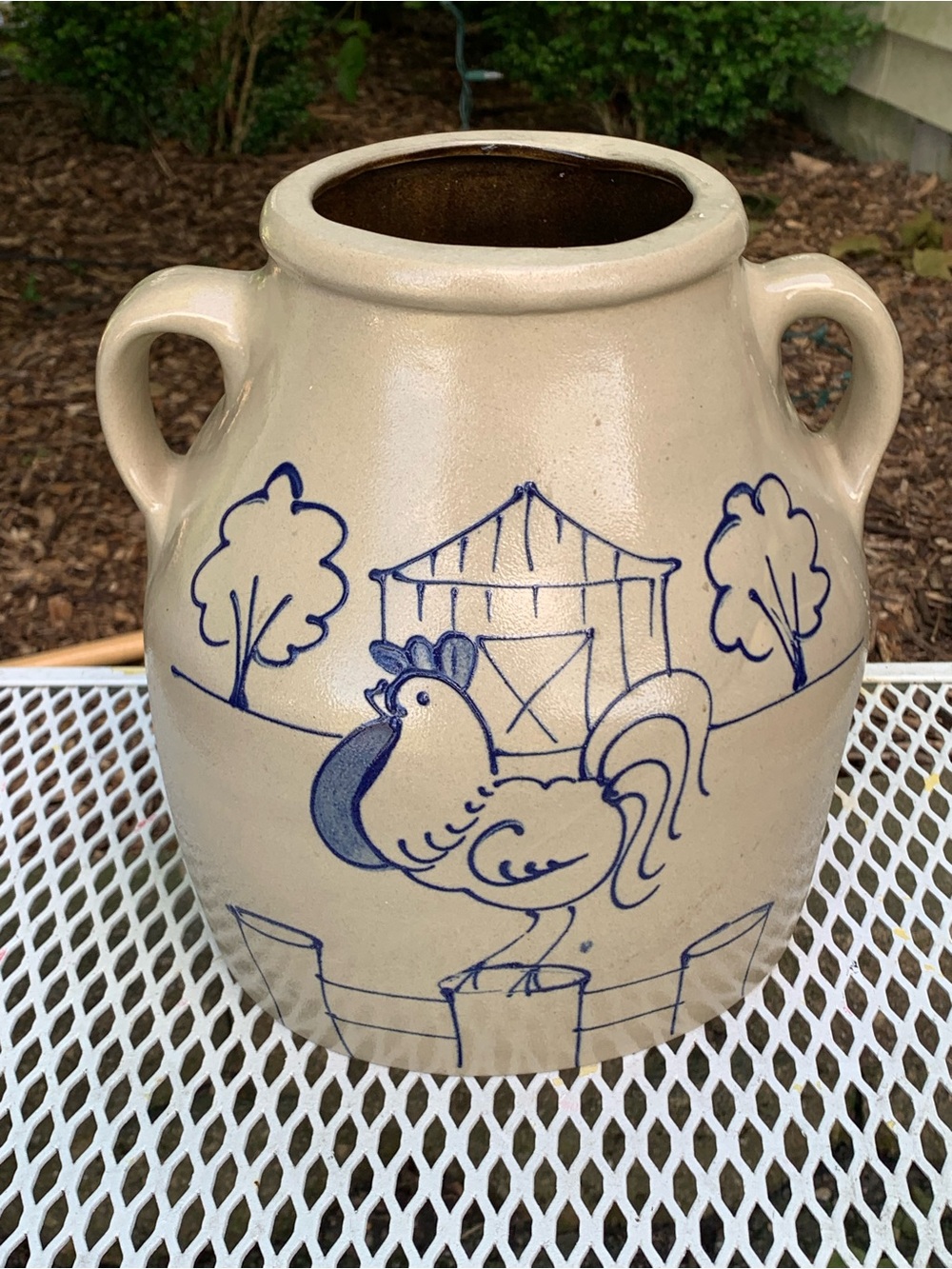 Vintage Beaumont Brothers Bros Pottery BBP Rooster Farm Scene Salt Glazed Crock